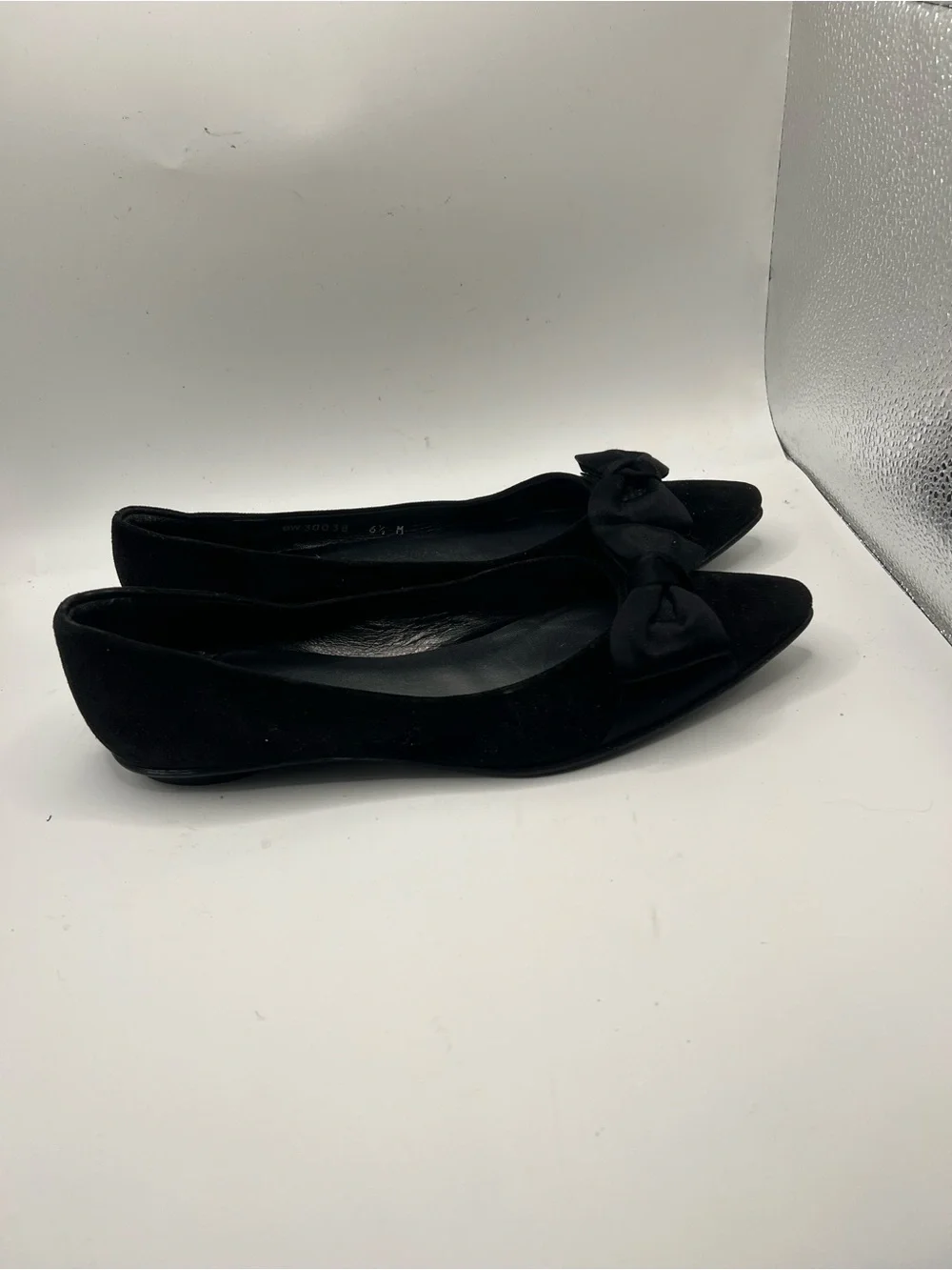 Stuart Weitzman Black Suede Pointed Toe Flats with Bow